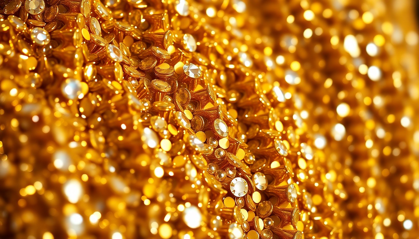 An extreme close-up photograph of shimmering gold sequins and sparkling rhinestones, capturing the high-fashion glamour and luxurious textures associated with a major music awards show.