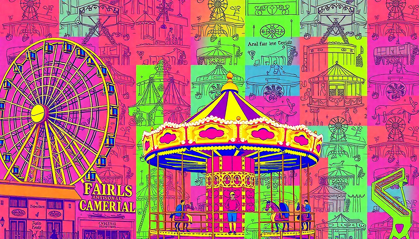 A brightly colored, high-contrast silkscreen print of various iconic American fair elements like a Ferris wheel and carousel, repeated in a tight grid pattern and rendered in a vibrant, unnatural color palette with heavy black outlines, conceptually representing the modern pop art celebration of American culture and tradition.