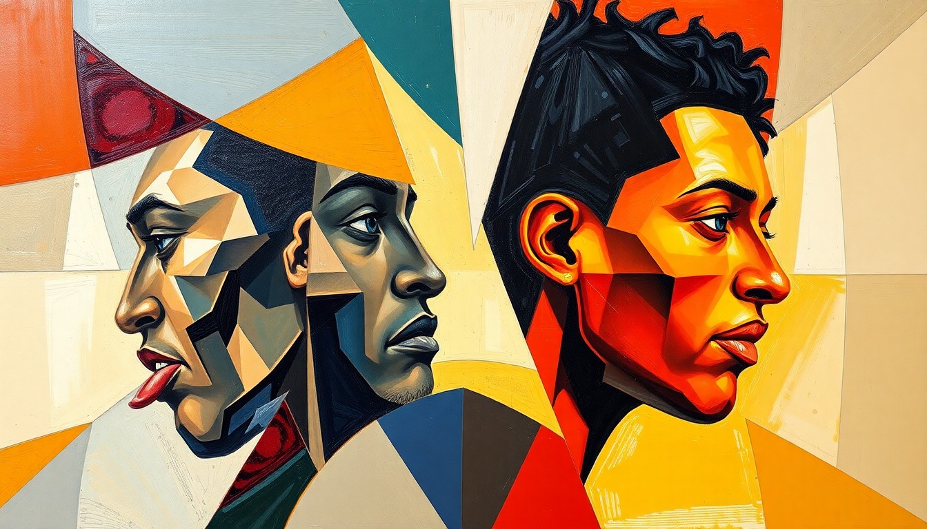 A fragmented, geometric painting depicting the chaotic energy of a WNBA draft day trade, with sharp planes of color and form representing the various perspectives and unanswered questions surrounding the transaction.