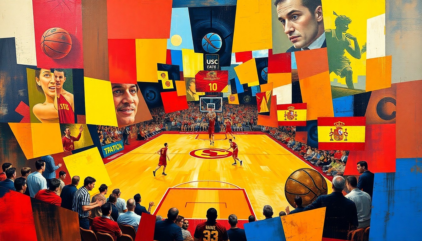 A cubist, geometric painting depicting the dynamic movements and energy of a basketball game, with overlapping planes of vibrant red, yellow, and blue colors representing the Spanish national team and USC's cardinal and gold.