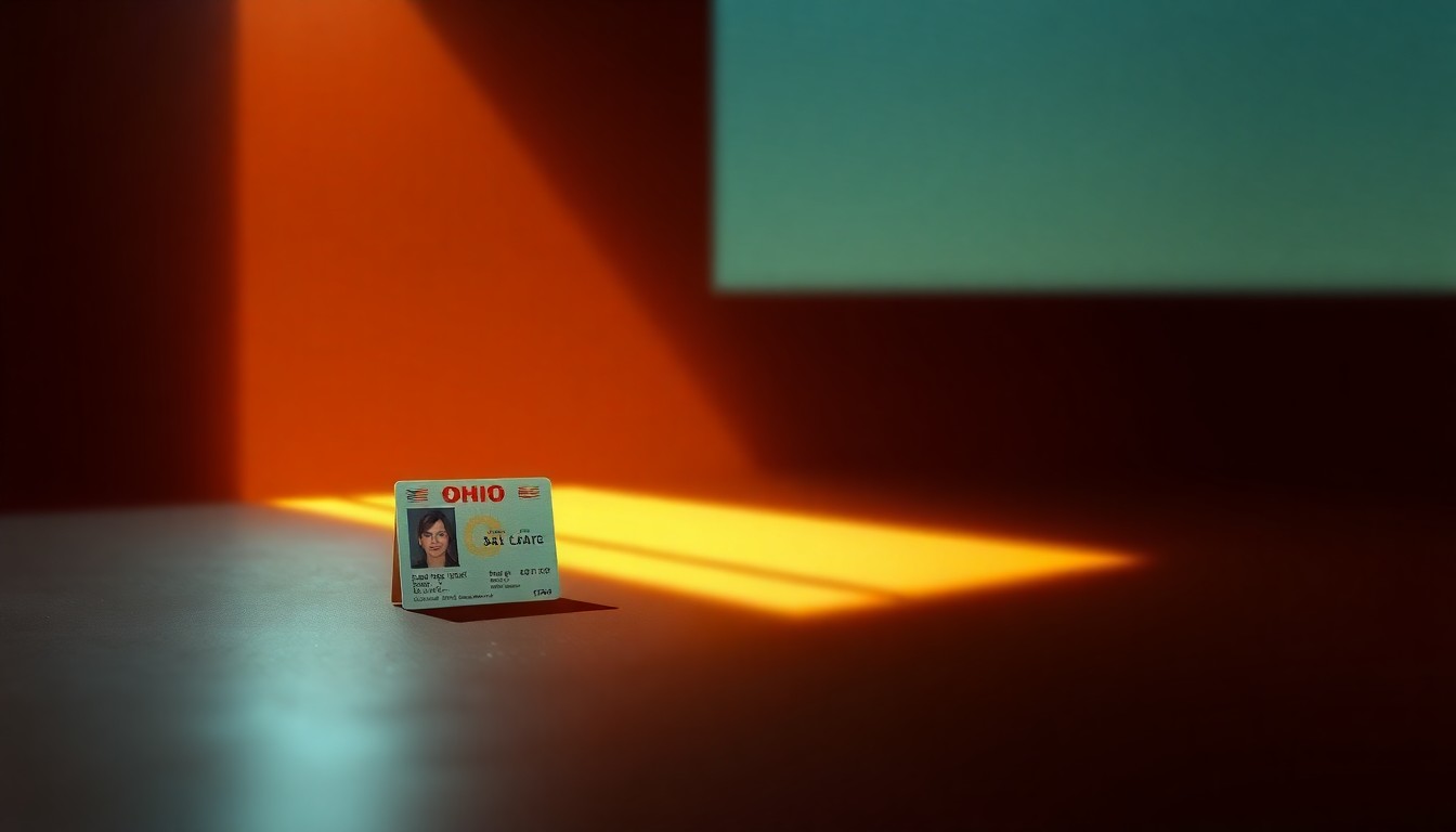 A photorealistic painting of an Ohio state ID card or driver's license in warm, muted tones, with soft shadows and highlights that create a sense of nostalgia and contemplation, conveying the impact of the policy change on Ohio voters.