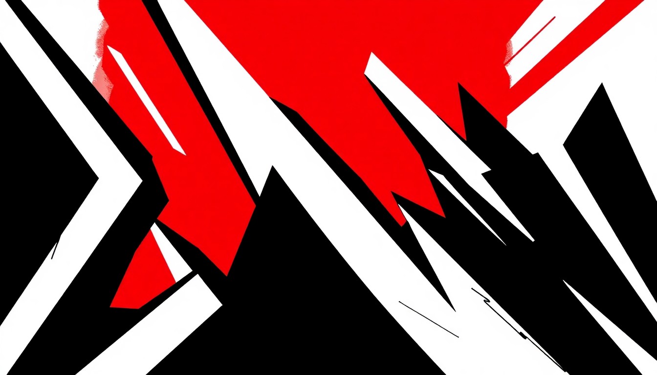 A striking abstract illustration featuring bold, angular shapes in black, white, and red, conceptually representing the convergence of entertainment and politics in Washington, D.C.