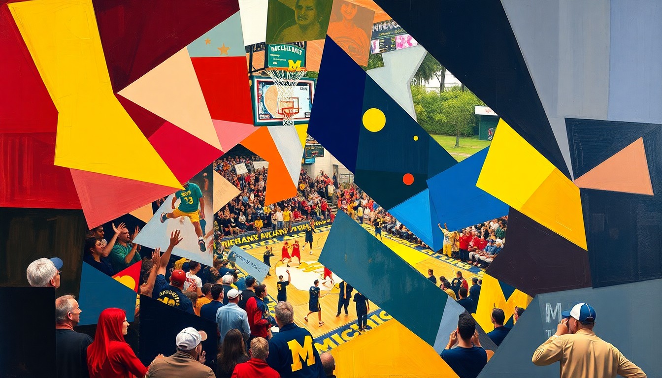 A fragmented, cubist-style painting depicting a basketball game or championship celebration, with sharp, overlapping geometric shapes in Michigan's team colors of blue and maize, conveying the energy and excitement of the Wolverines' title win.