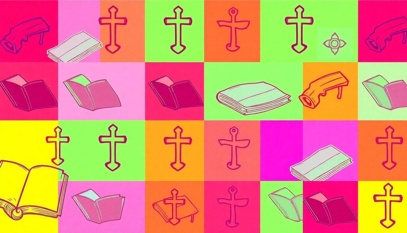 A grid of brightly colored, high-contrast silkscreen prints of a single, iconic religious object, such as a prayer book or menorah, conceptually representing the need to revive timeless spiritual principles in contemporary culture.