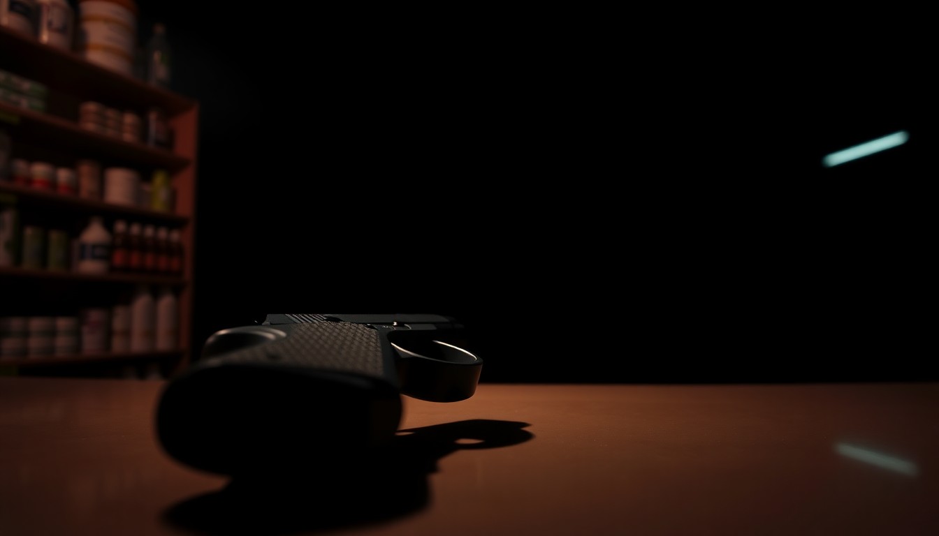 An extreme close-up photograph of a handgun on a pharmacy counter, lit by a harsh, direct camera flash against a pitch-black background, creating a stark, gritty, investigative aesthetic.