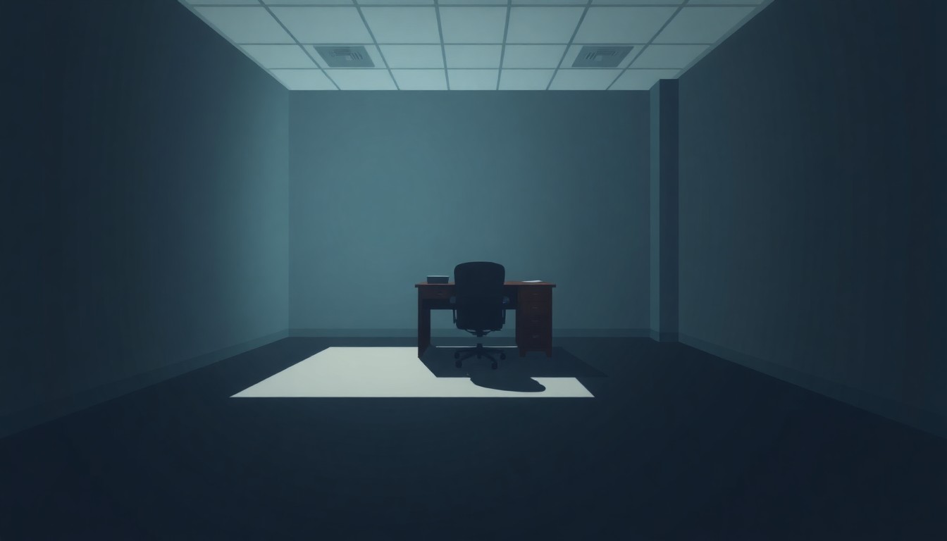 A dimly lit, cinematic painting of an empty government office space, with long shadows cast across the floor, conveying a sense of somber introspection about the hidden nature of political scandals.