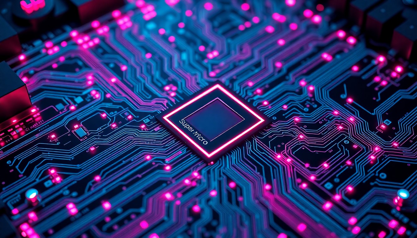 A highly detailed, glowing 3D illustration of a complex circuit board with intricate patterns of neon cyan and magenta lights, conceptually representing the advanced AI hardware technology at the core of Super Micro Computer's business.