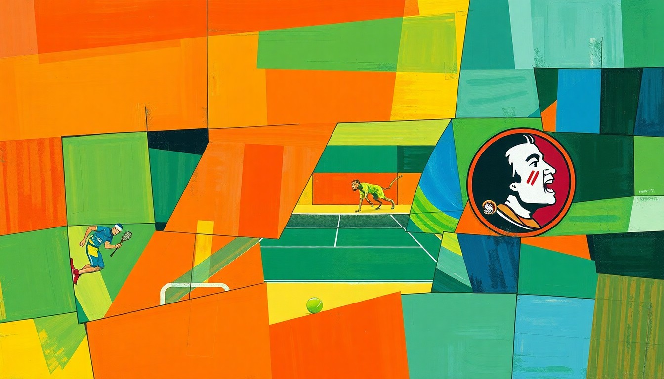 A fragmented, geometric painting depicting a tennis match with overlapping planes of bright orange, green, and blue colors, representing the dynamic energy and competition between the two teams.