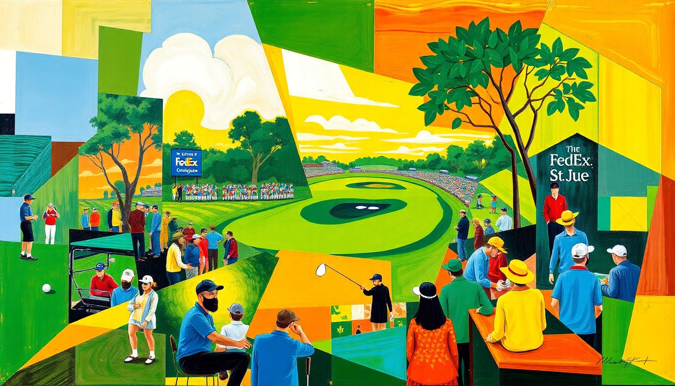 A fractured, multi-perspective painting in bold, geometric shapes and colors, conceptually representing the transition of leadership for the FedEx St. Jude Championship golf tournament in Memphis.