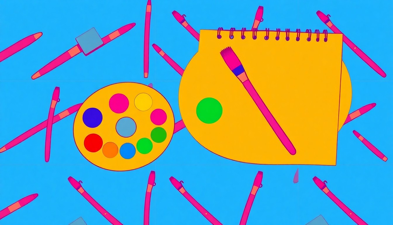 A high-contrast silkscreen print featuring repeating images of art supplies like paintbrushes, palettes, and sketchpads in a grid pattern, using bright neon colors and bold black outlines to create a modern pop art aesthetic.