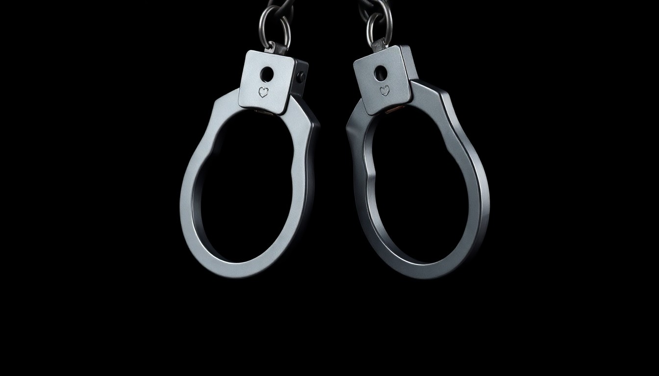 An extreme close-up photograph of metal handcuffs, the harsh lighting and stark black background conveying a sense of gritty investigation into a disturbing crime.