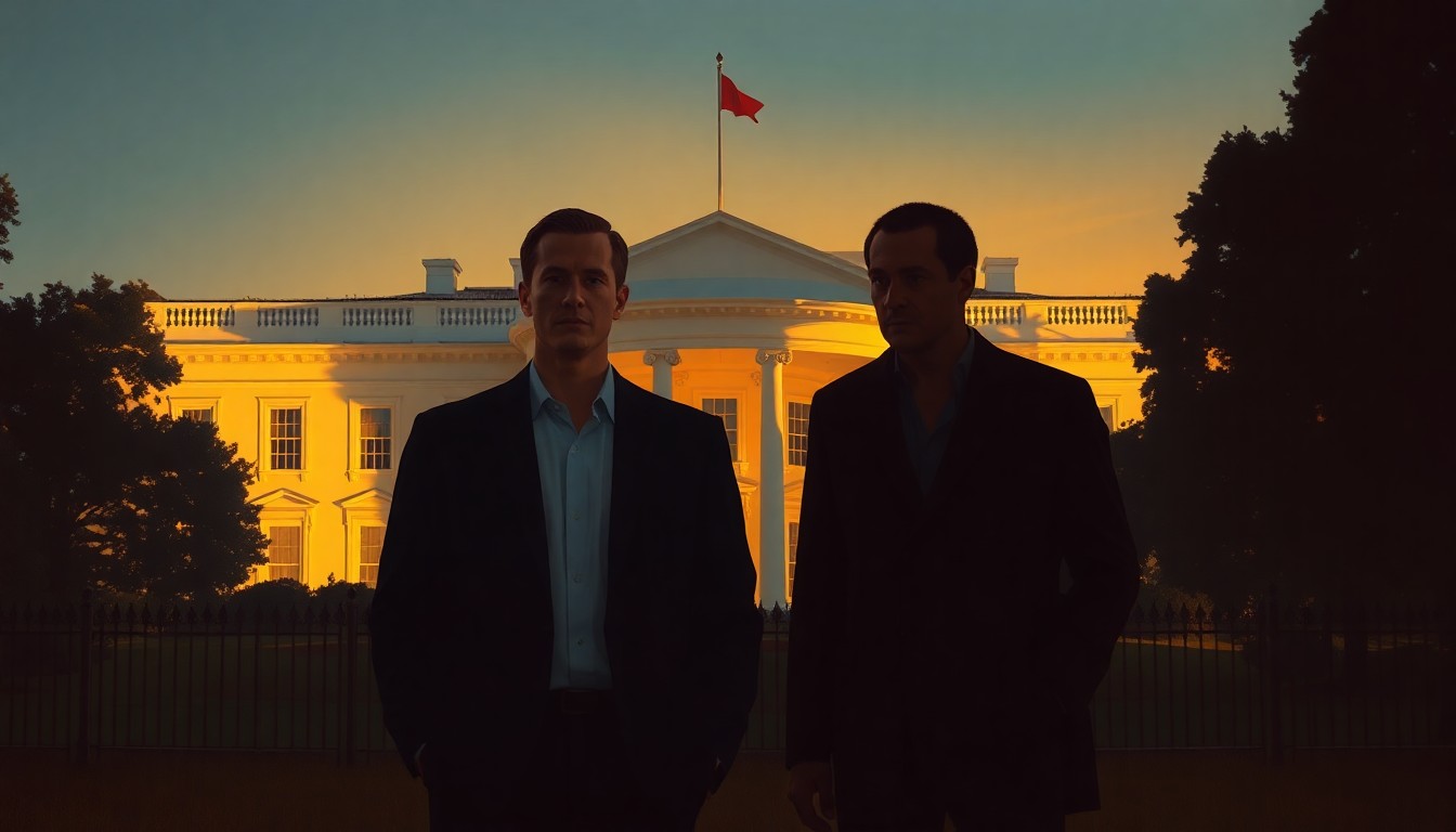A cinematic painting in the style of Edward Hopper depicting two men of differing heights standing in front of the White House, conceptually illustrating the height comparison between the former president and a foreign leader.