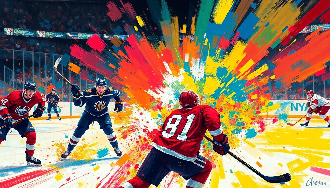 An abstract, energetic painting in neon colors depicting the intense action and emotion of a close playoff hockey game, with players' forms blurred into dynamic brushstrokes.