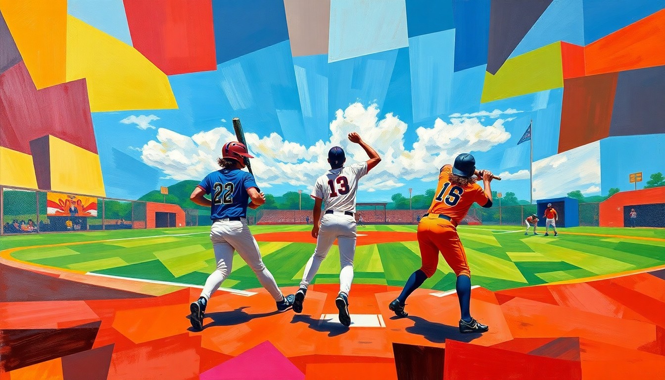 A fractured, multi-perspective painting in vibrant colors depicting a softball game, with sharp geometric planes and overlapping shapes representing the dynamic action on the field.