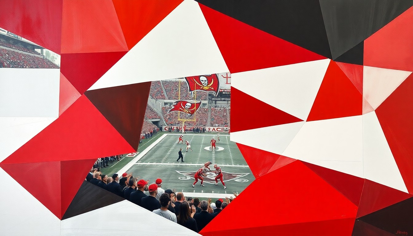 A cubist, geometric painting depicting a fragmented football game scene, with sharp planes of red, pewter, and white colors representing the Tampa Bay Buccaneers' team colors and the complex dynamics of their upcoming draft decisions.