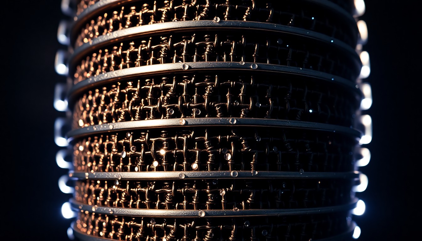 An abstract close-up photograph of a metallic microphone grill, the surface reflecting dramatic highlights and shadows to create a high-contrast, high-fashion aesthetic.