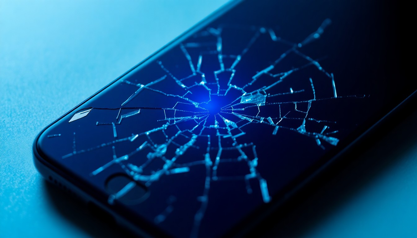 An extreme close-up photograph of a cracked and shattered smartphone screen, reflecting a faint blue glow, conceptually representing the loss and fragility of digital assets.