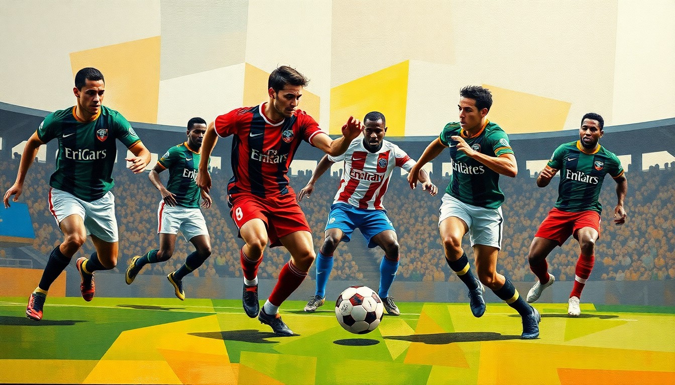 A fragmented, geometric painting in the style of Picasso, depicting the dynamic movements and trajectories of a soccer match through sharp, overlapping planes of color representing the teams' uniforms.