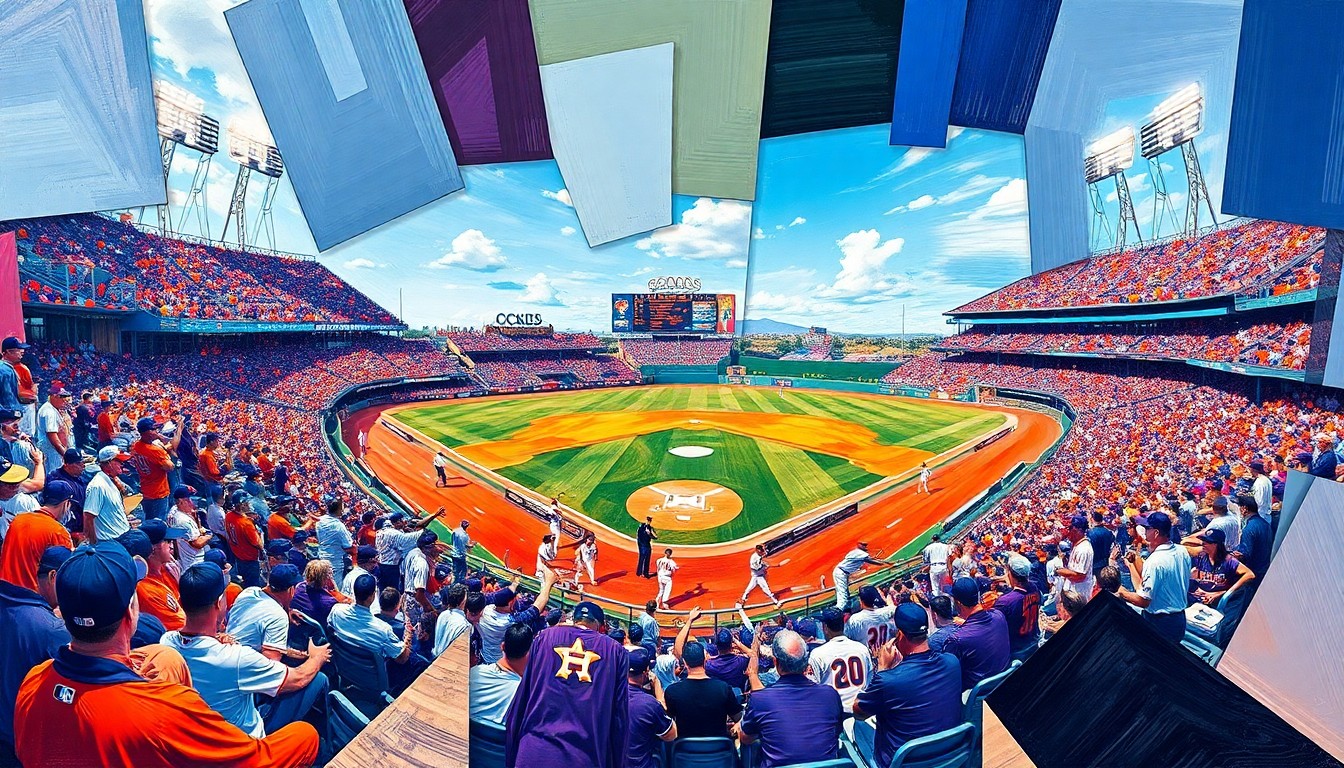 A cubist, geometric painting depicting a baseball game between the Houston Astros and Colorado Rockies, with the players and field broken down into sharp, overlapping planes of color.