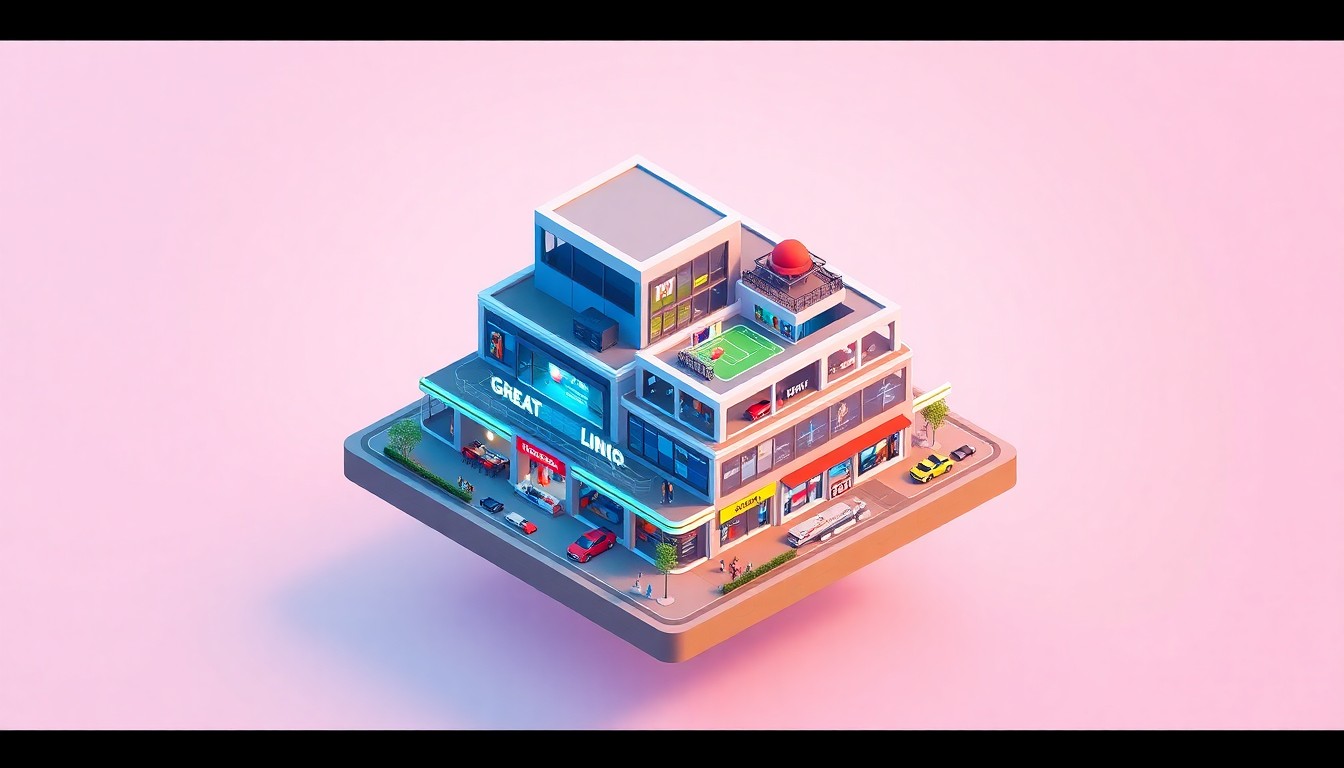 A clean, modern, isometric 3D digital illustration featuring a miniature, stylized sports and entertainment complex with various activity areas and amenities, representing the partnership between Lucra and Great Linqx to gamify the future of community-focused leisure experiences.