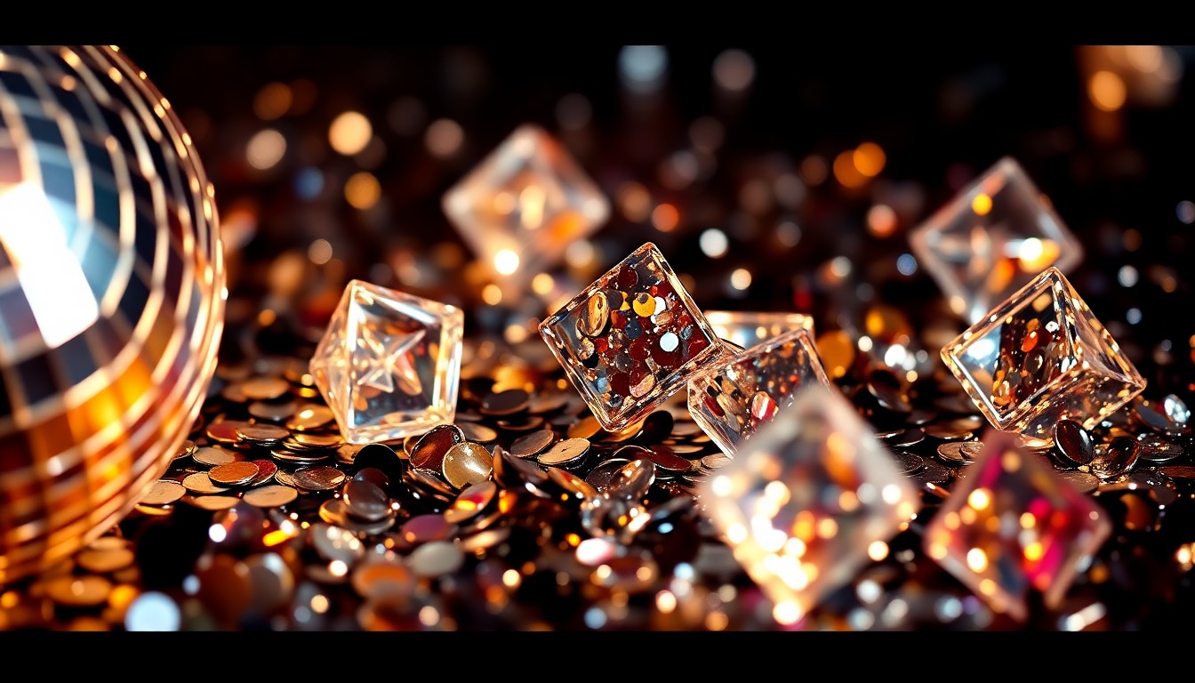 An extreme close-up photograph of sparkling, reflective sequins and shattered disco ball fragments, creating a high-contrast, high-fashion texture that evokes the glamour and energy of a Broadway musical production.