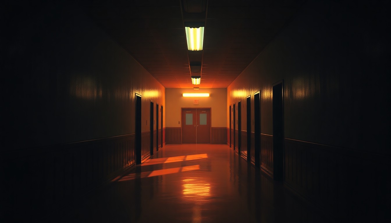 A dimly lit, cinematic painting of an empty school hallway, with a single flickering fluorescent light casting long shadows and a sense of unease. The hallway is bathed in warm, diagonal sunlight and deep shadows, creating a melancholy, investigative mood.