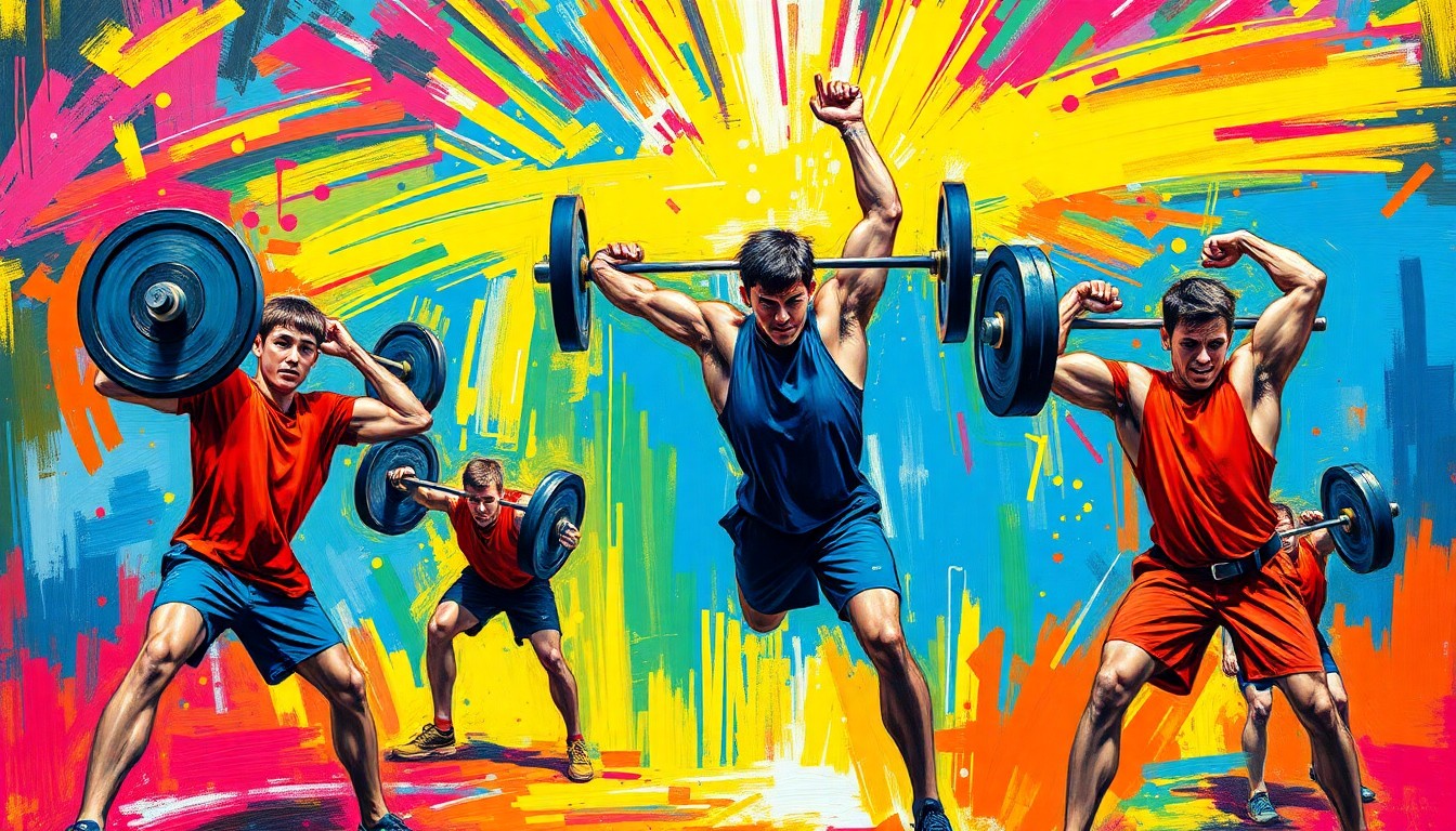 An abstract, expressionist painting in neon colors depicting the dynamic movements and raw power of high school weightlifters in competition.