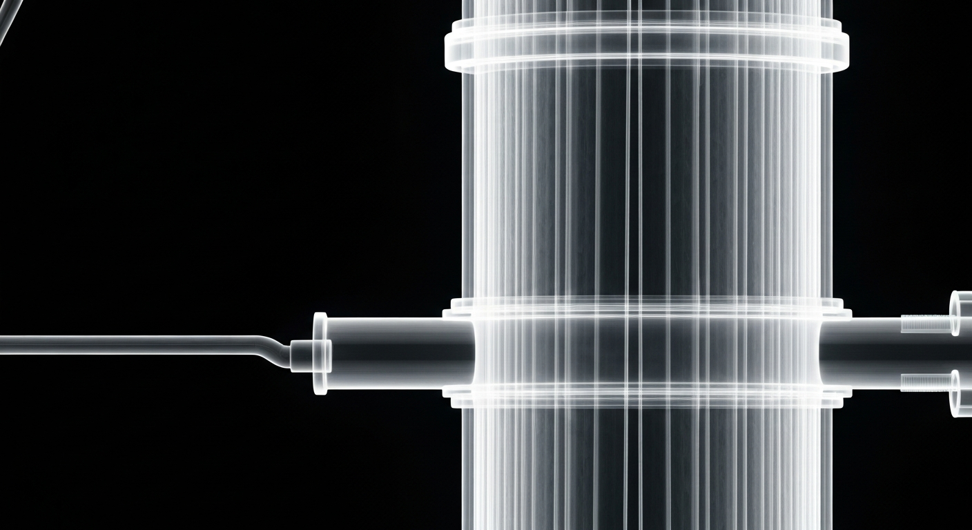 An extreme close-up X-ray image revealing the intricate internal structure of a water filtration system, with glowing lines and ghostly shapes representing the complex mechanisms designed to remove contaminants from the water.