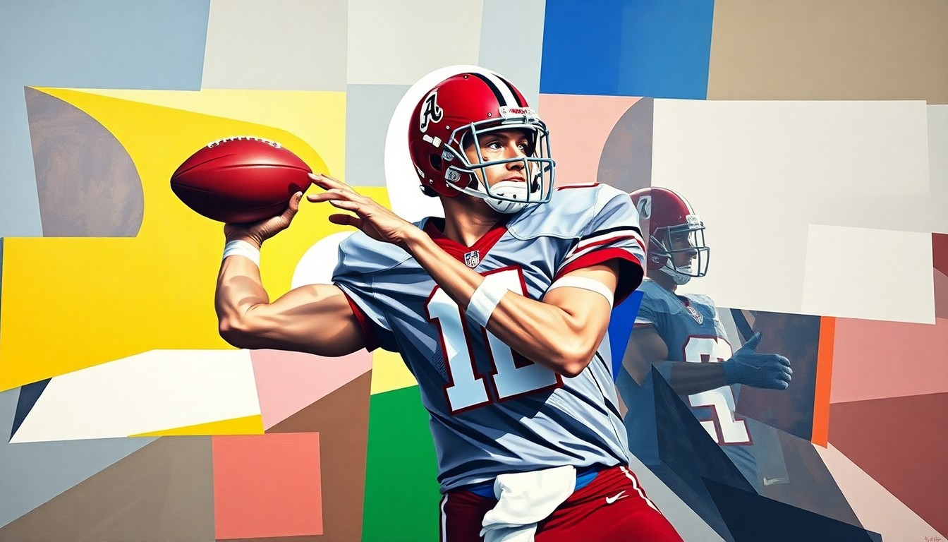 A cubist, geometric painting depicting a football quarterback in the act of throwing a pass, with the player's body and the ball broken down into overlapping angular shapes and planes in shades of crimson red and white.