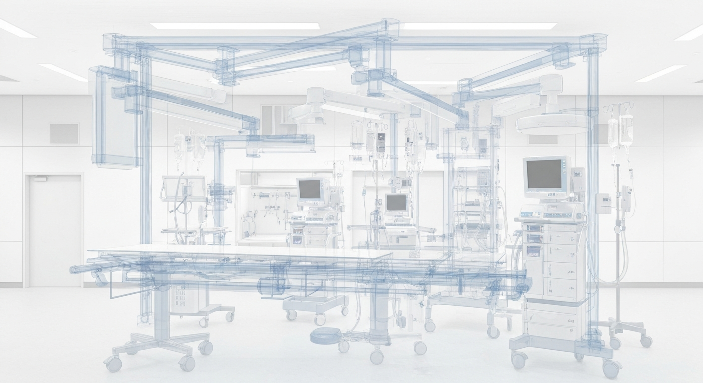 An extreme close-up X-ray photograph revealing the internal structure and advanced medical equipment of a freestanding emergency room, conceptually illustrating the clinical capabilities of the new Ascension Sacred Heart facility in Pace, Florida.