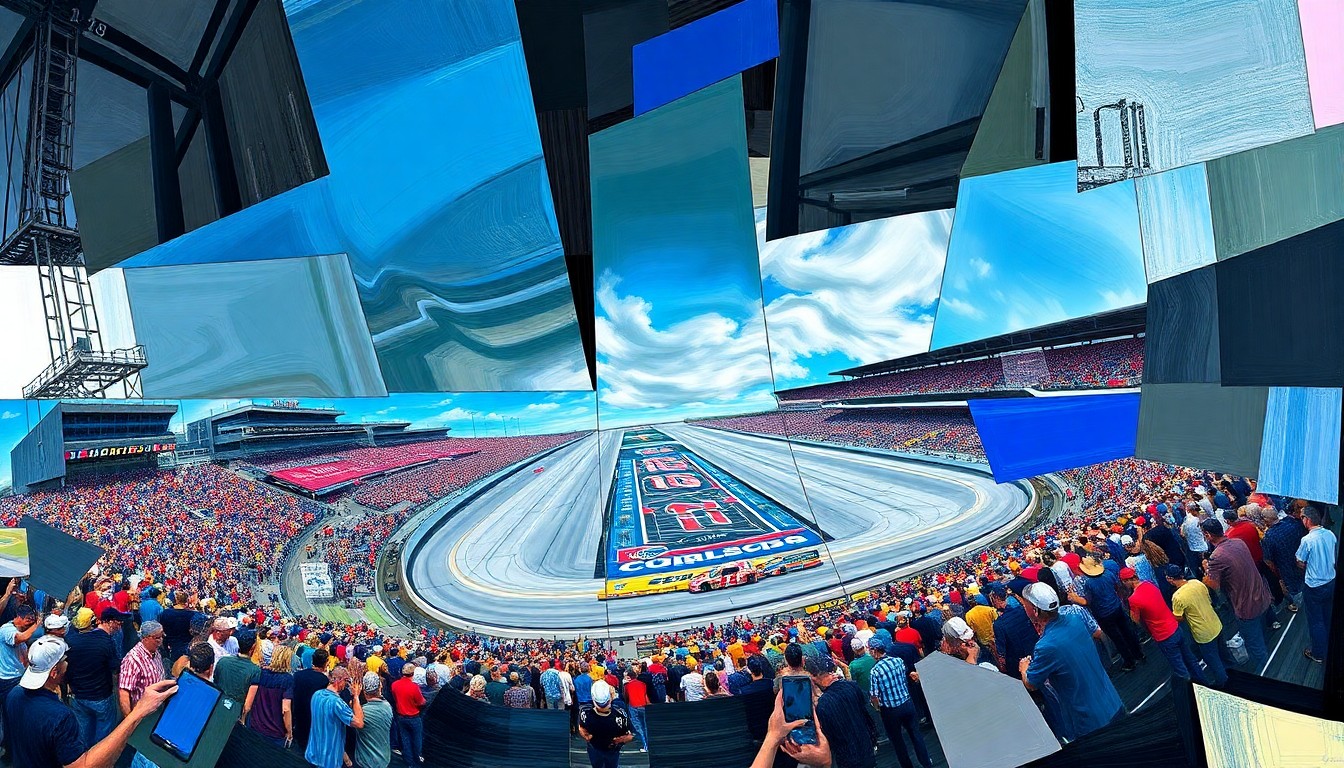 A cubist, geometric painting depicting the Bristol Motor Speedway race and Ty Gibbs' victory, with sharp, overlapping planes of color representing the dynamic action on the track.