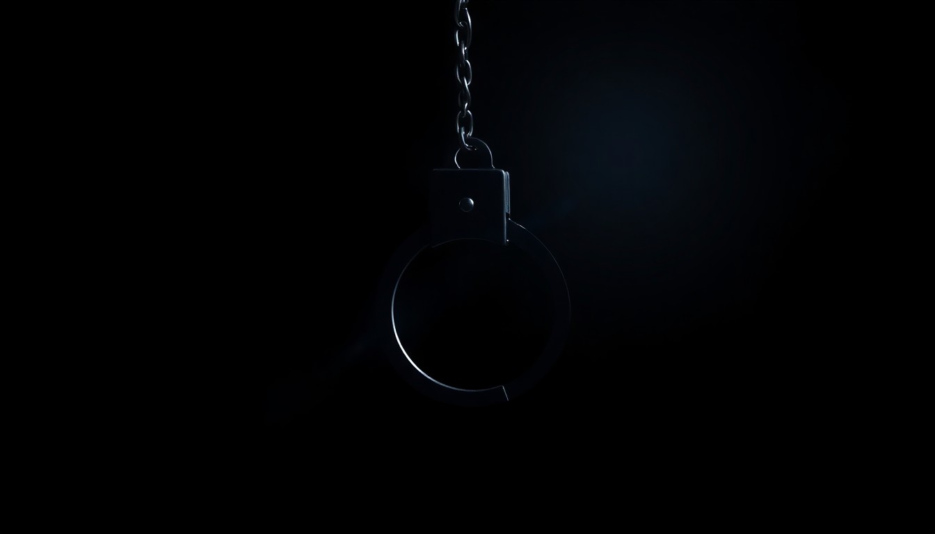 An extreme close-up photograph of a single handcuff against a pitch-black background, lit by a harsh, direct camera flash, conceptually illustrating the serious legal consequences of a violent crime.