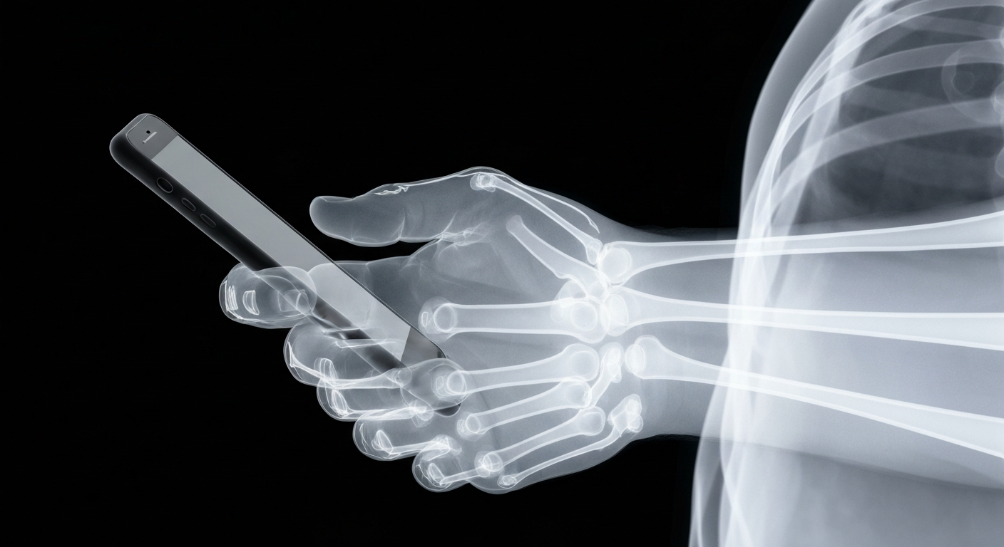 A ghostly, translucent X-ray photograph revealing the internal structure of a farmer's hands gripping a smartphone, conceptually representing the unseen mental health struggles in the agricultural industry.