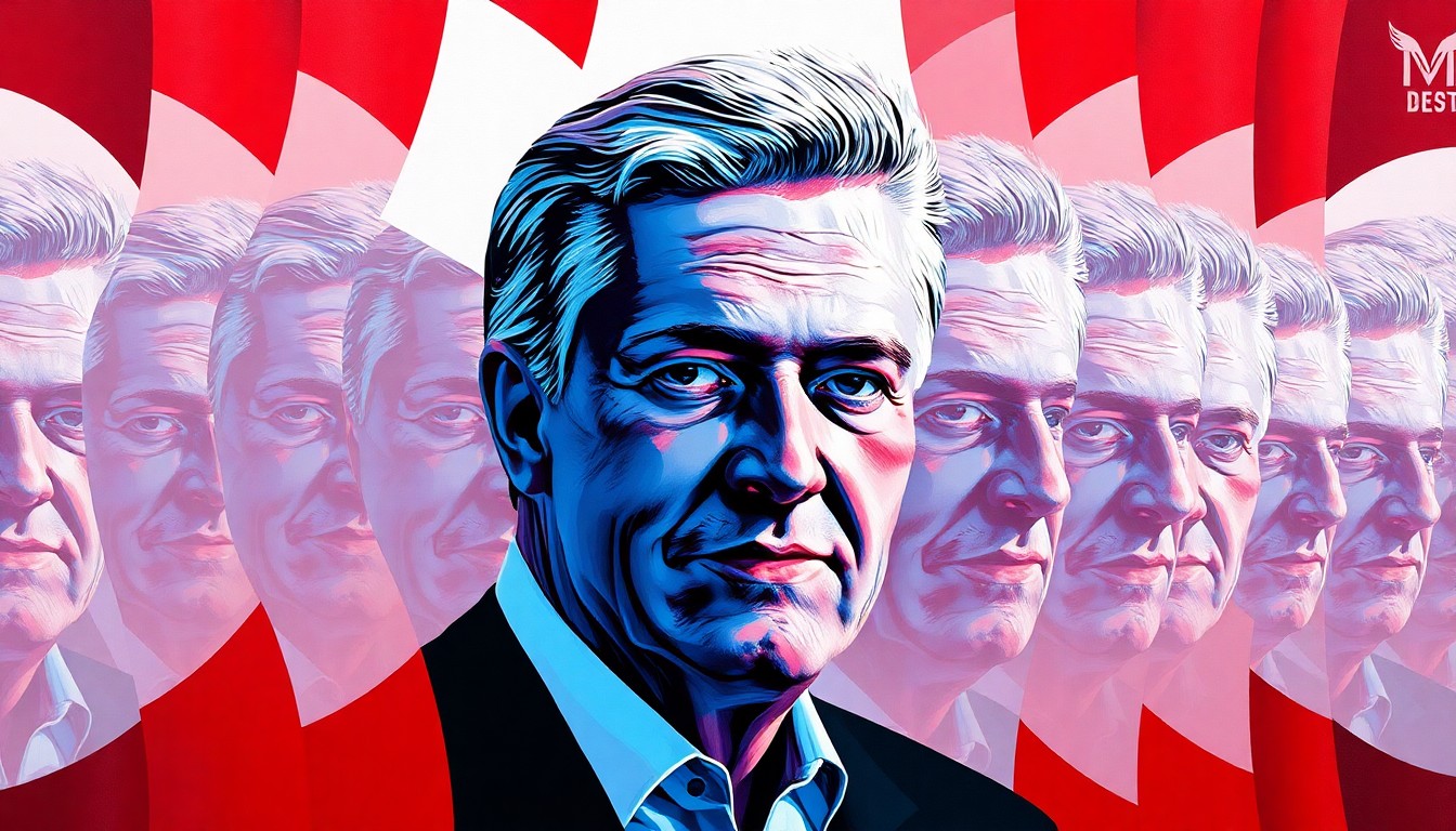 A surreal, abstract painting featuring the fractured, overlapping image of Ron DeSantis' head in shades of red, white, and blue, conveying the unconventional nature of his food tour series as he positions himself for a potential political comeback.