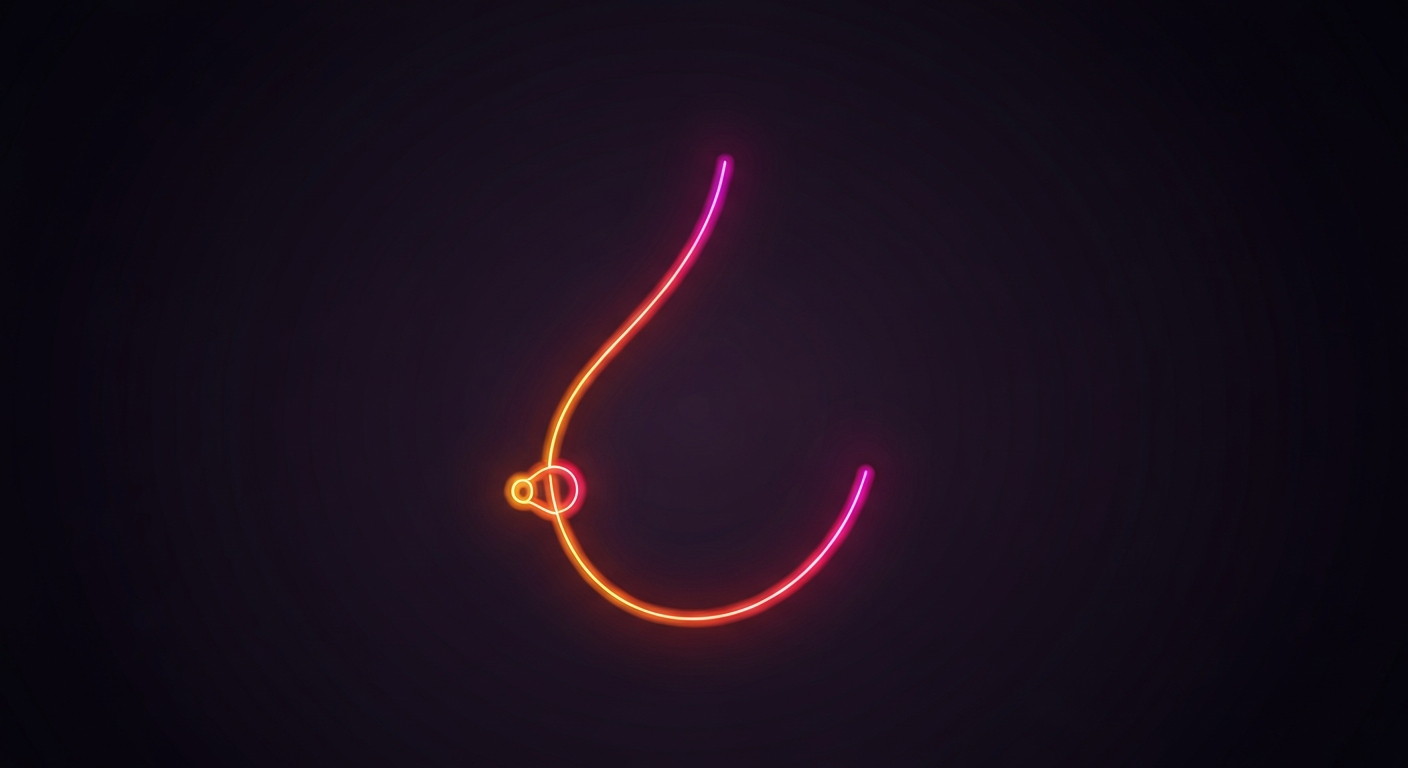 A minimalist, glowing neon outline illustration of a simplified human breast form, conceptually representing the importance of breast health and cancer awareness.