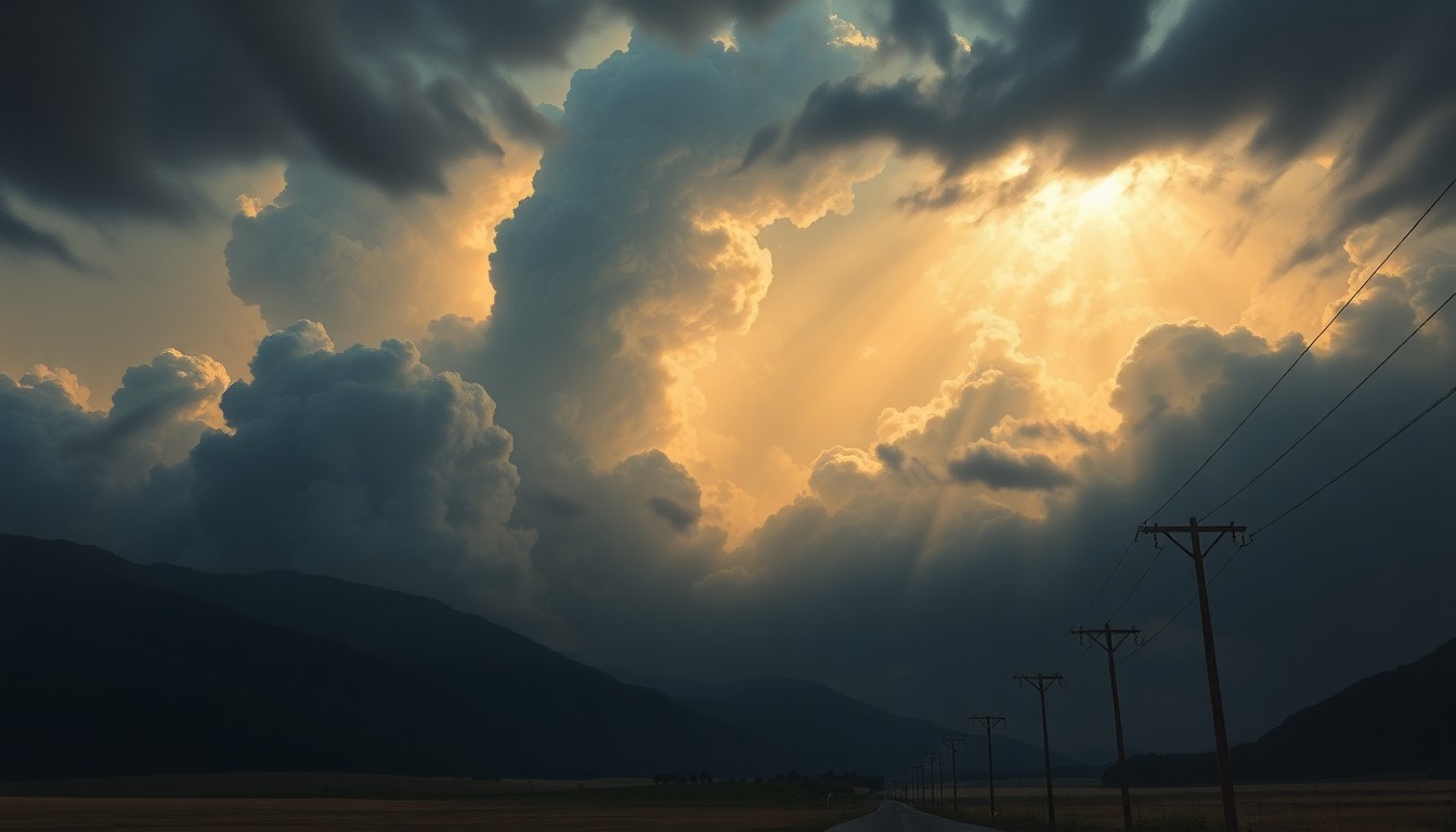 A sweeping, atmospheric landscape painting depicting a severe thunderstorm, with power lines and utility poles barely visible against the overwhelming scale of the dark, turbulent clouds.