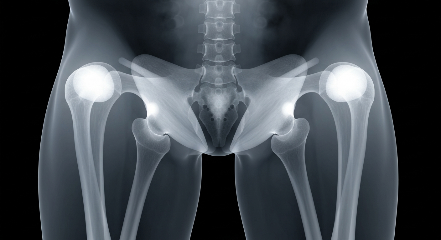 An X-ray-style image revealing the internal structure of human thigh muscles, with areas of increased fat accumulation appearing as ghostly white glowing regions against a dark background.