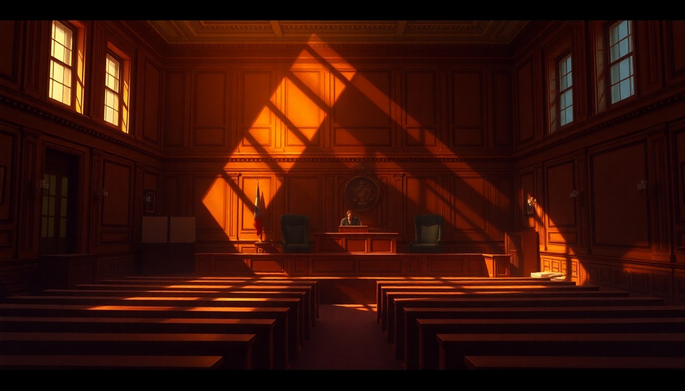 A dimly lit, textured painting of an empty city council chamber with warm, golden light streaming through the windows, conveying a sense of contemplation and civic duty.