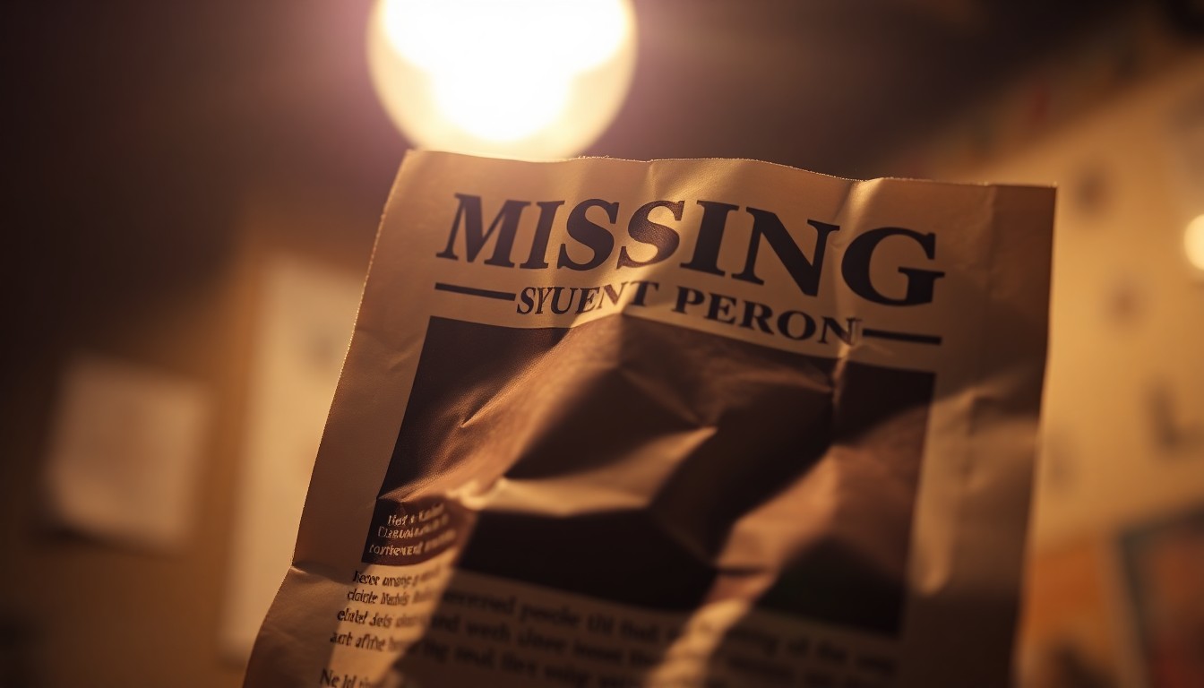 An extreme close-up of a crumpled missing persons flyer, the edges blurred and the center sharply in focus, creating a stark, gritty aesthetic that conveys the urgency of the investigation.