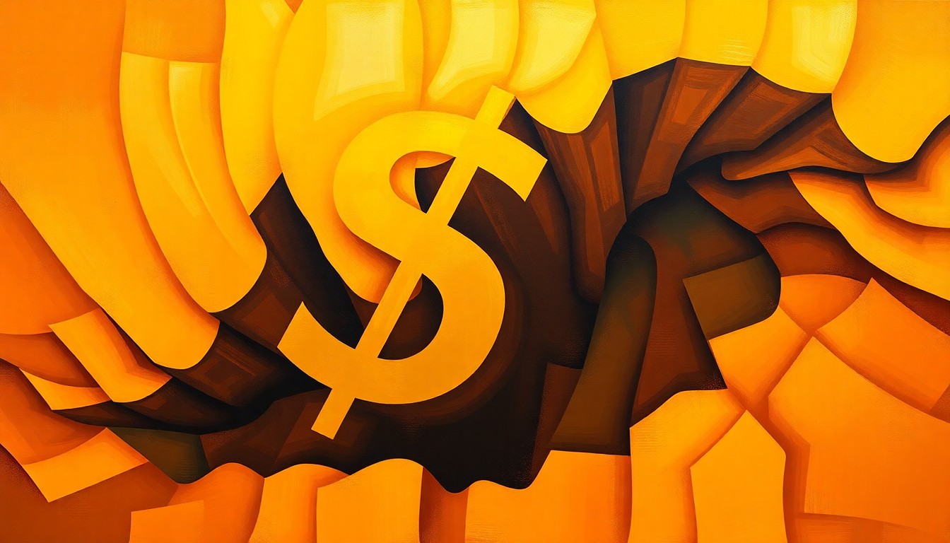An abstract, fragmented painting featuring a golden dollar sign symbol repeated in overlapping, geometric patterns of warm earth tones, conceptually representing the rapid growth of a politician's personal wealth.