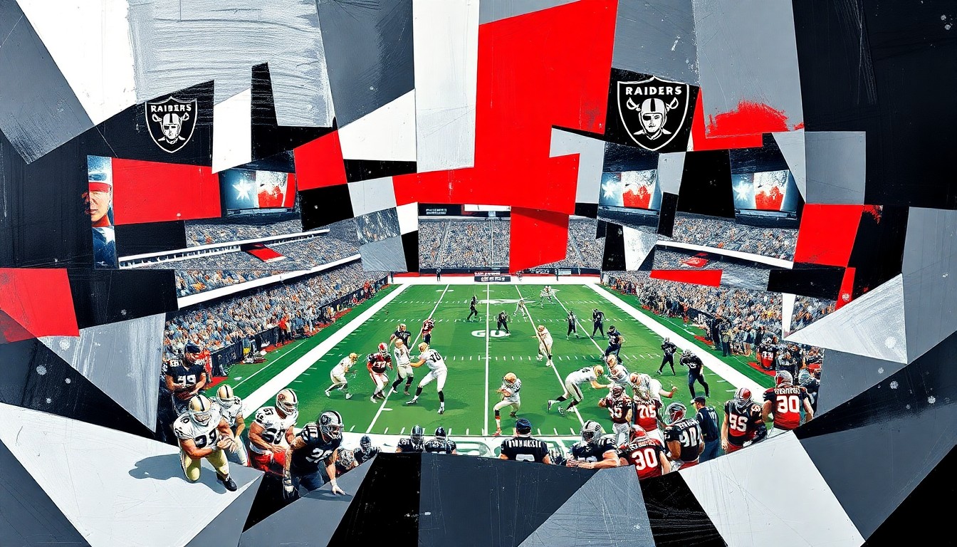 A cubist, geometric painting depicting a fragmented football game, with sharp planes of silver, black, and red representing the Raiders' team colors and the chaotic action on the field.