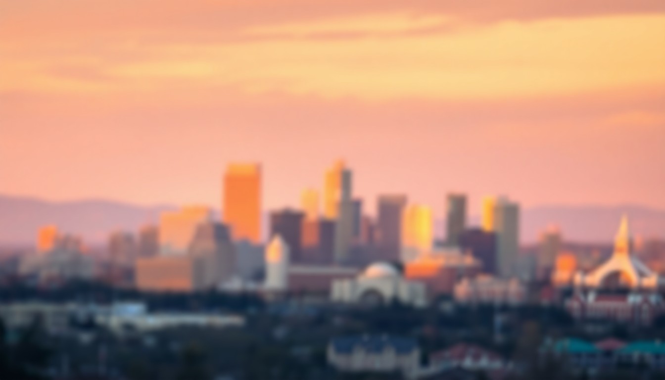 An abstract, impressionistic photograph of the Denver skyline at sunrise, with the city's buildings and structures rendered in soft, blurred shapes and pools of warm, golden light, creating a dreamlike and serene atmosphere.