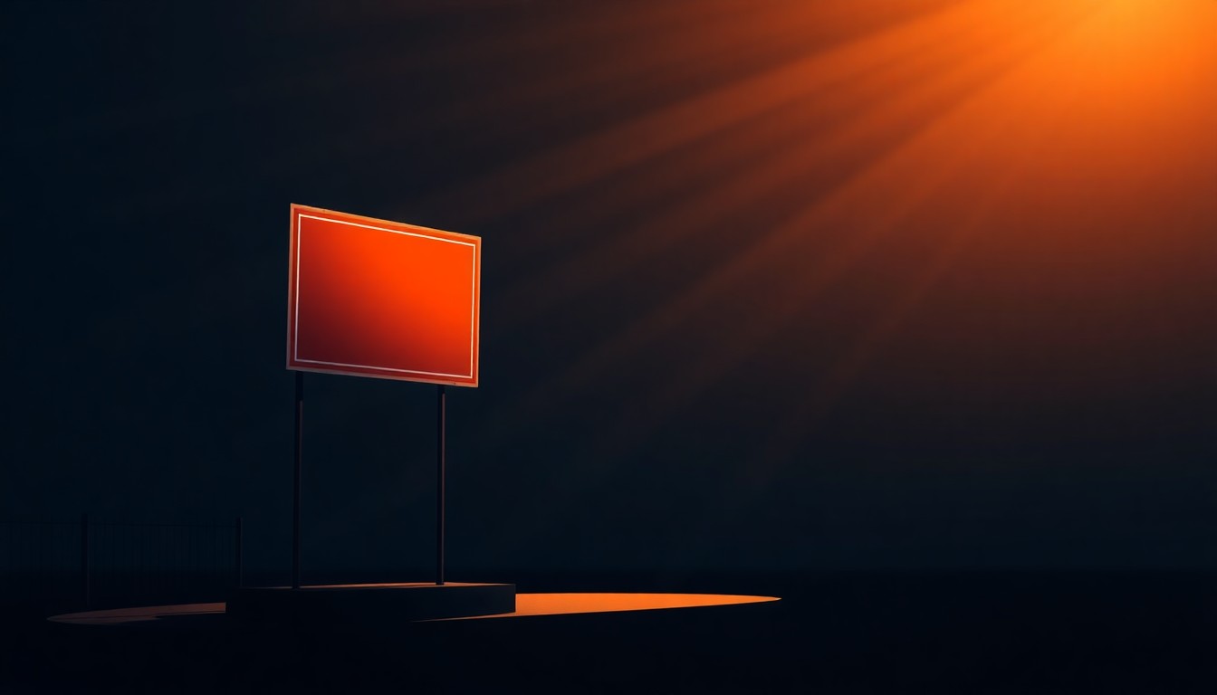 A cinematic painting of a solitary campaign sign or podium in soft, warm light and deep shadows, evoking a sense of political transition and civic engagement.