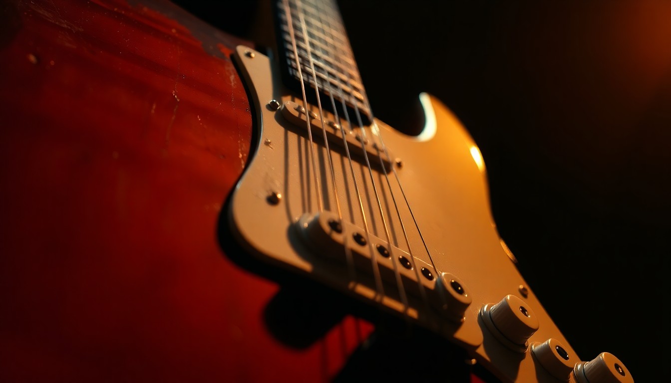 An extreme close-up photograph of the worn and textured surface of an electric guitar, capturing the intricate details and patina of the instrument in dramatic studio lighting.