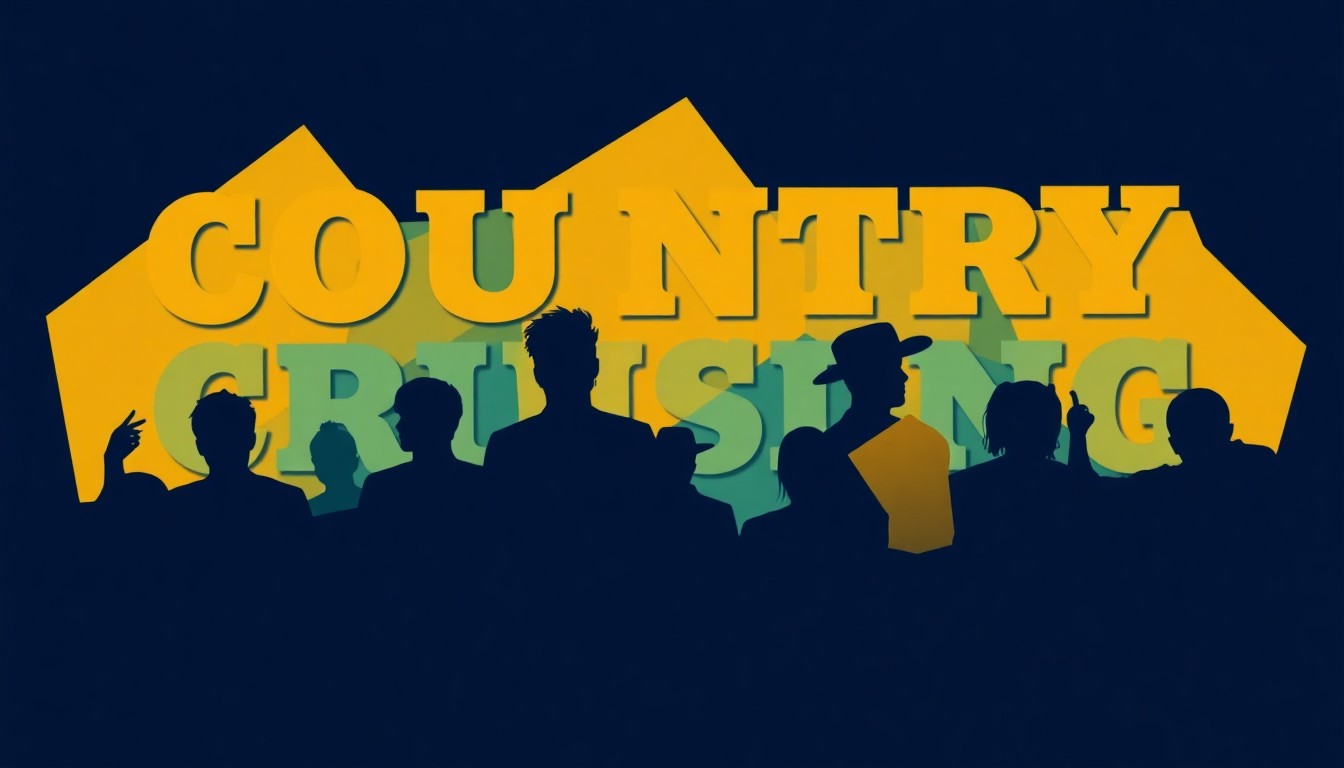 A vibrant, abstract illustration featuring bold, geometric shapes in navy, teal, and mustard yellow, conceptually representing the diverse musical lineup of the Country Cruising 2027 festival.