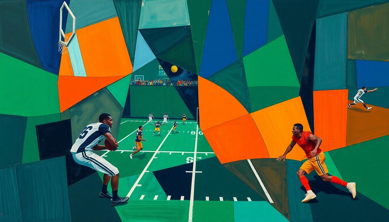 A fragmented, geometric painting depicting a football game broken down into sharp, overlapping planes of navy, green, and orange, conceptually representing the strategic complexity of a pre-NFL Draft dynasty rookie draft.