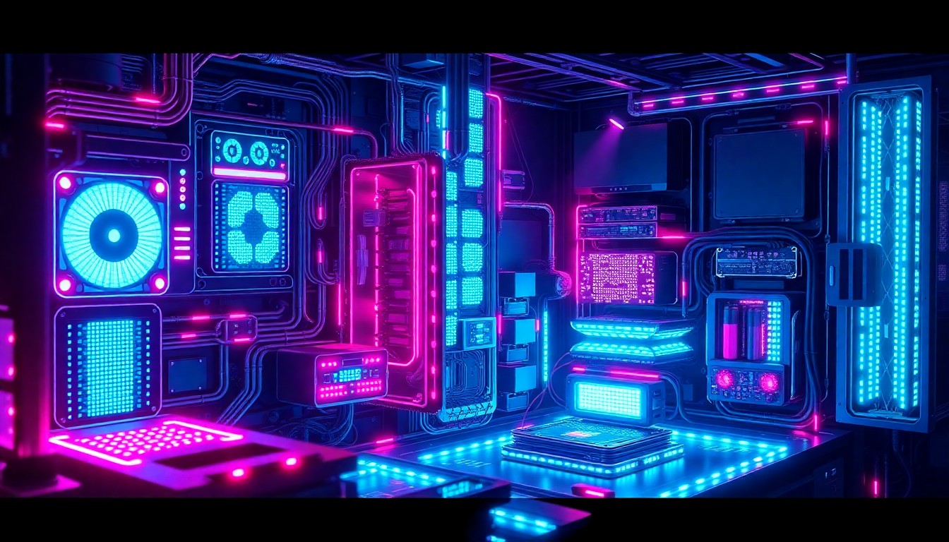 A highly detailed, glowing 3D illustration of a complex quantum computing hardware setup, with neon cyan and magenta lights illuminating the intricate circuitry and components, conceptually representing the advanced technology powering autonomous quantum labs.