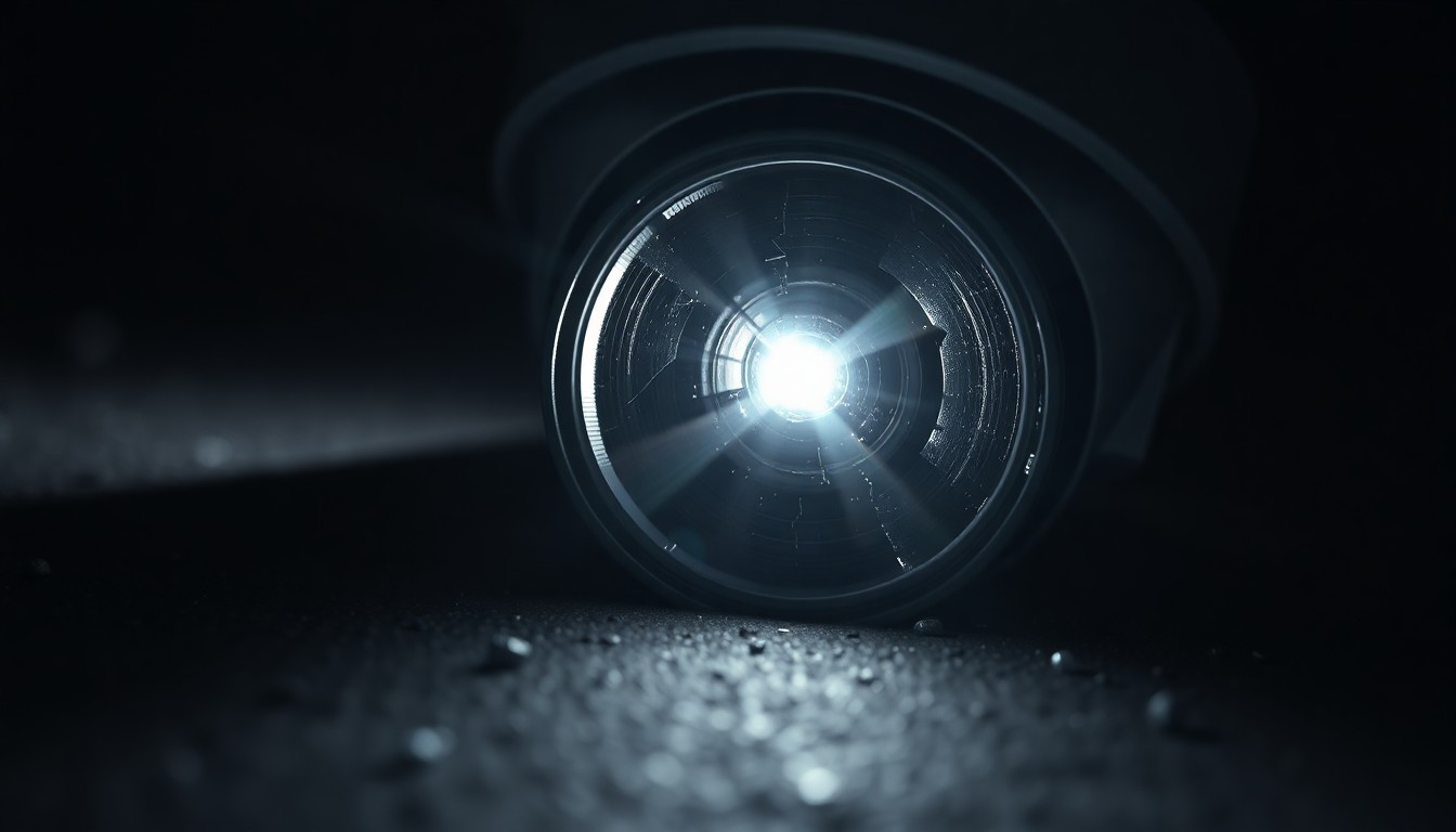 An extreme close-up photograph of a broken security camera lens lying on the ground, reflecting a harsh flash of light, conceptually illustrating the aftermath of a disruptive incident.