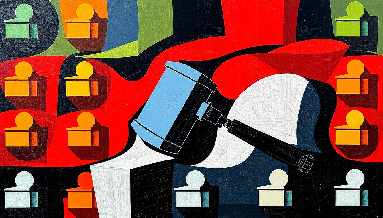 A fractured, abstract painting featuring overlapping geometric shapes and waves of bold, contrasting colors, conceptually representing the challenges of combating misinformation and deepfake technology in political communications.