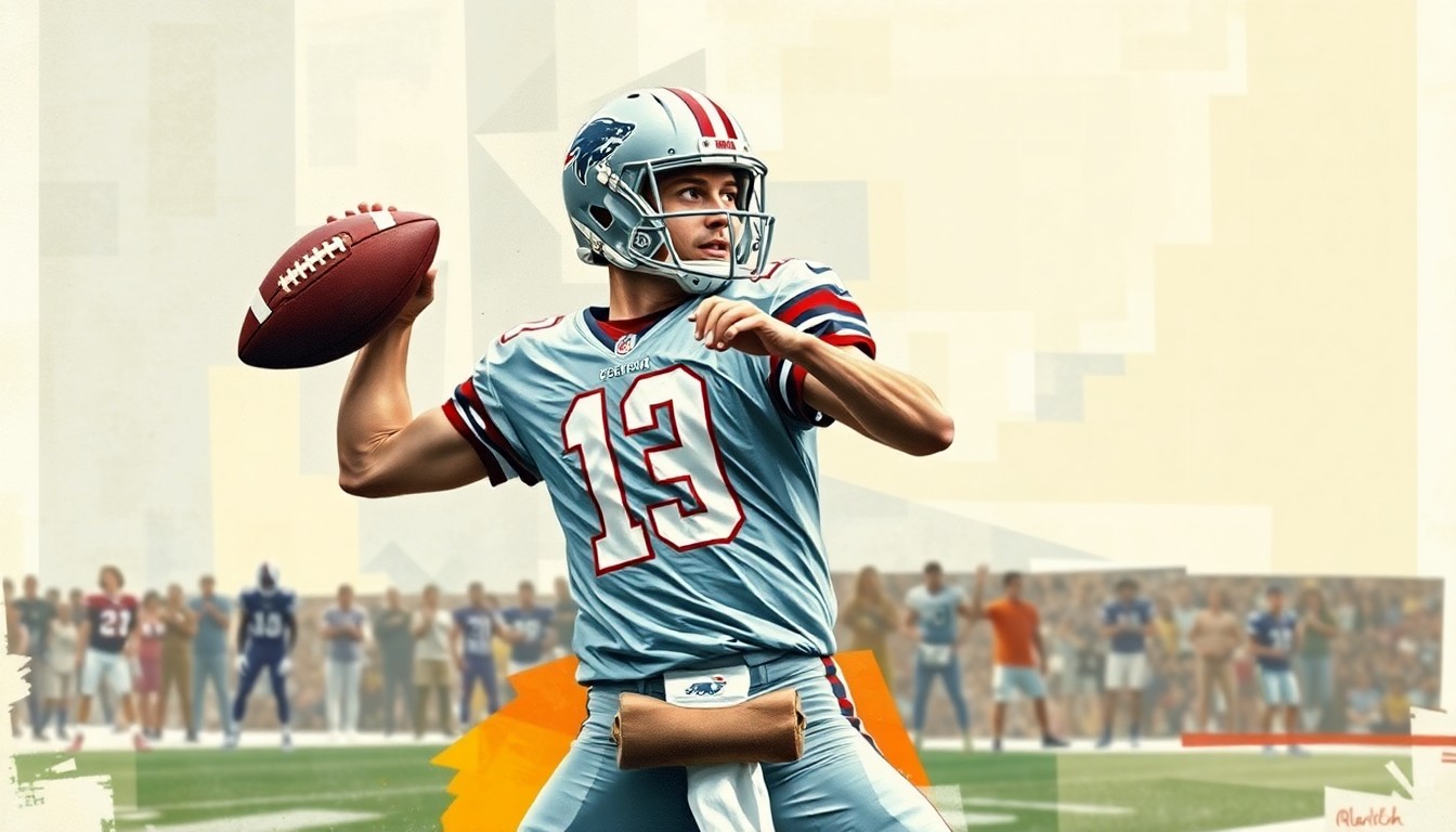 A fragmented, cubist-style painting depicting a quarterback in motion, with the player's form broken down into angular, overlapping shapes and planes in a vibrant color palette, conveying the multifaceted nature of the Dolphins' quarterback situation.